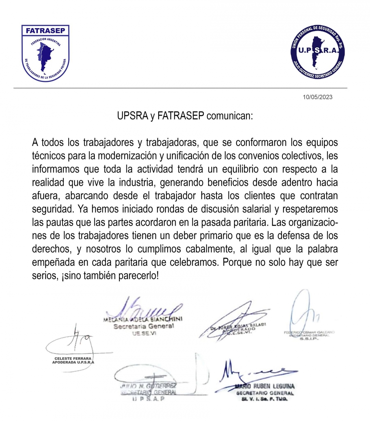 FATRASEP y UPSRA comunican: